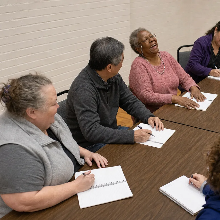 Three adults at a long table with open notebooks, one of them laughing.