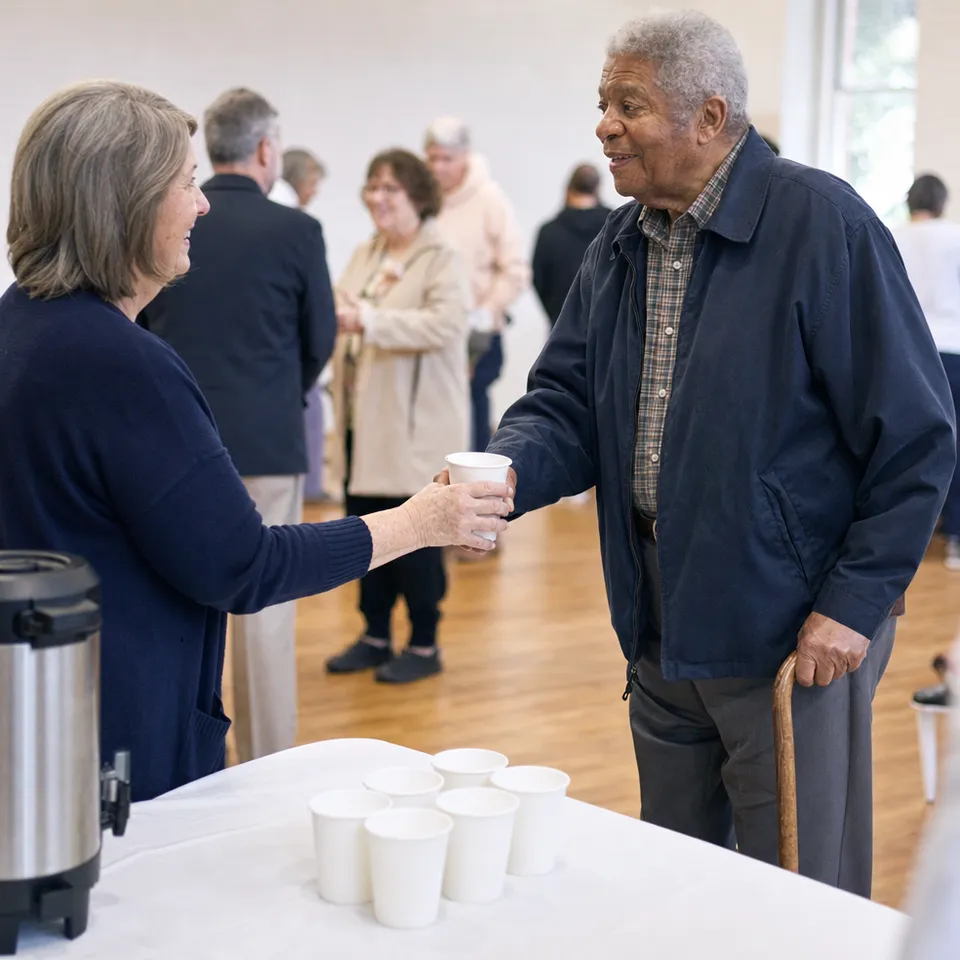 A woman hands a paper cup to an older man, both smiling, with other people talking behind them.
