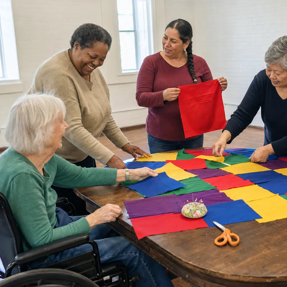 Three women lay out bright squares of fabric on a table, one of them seated in a wheelchair.