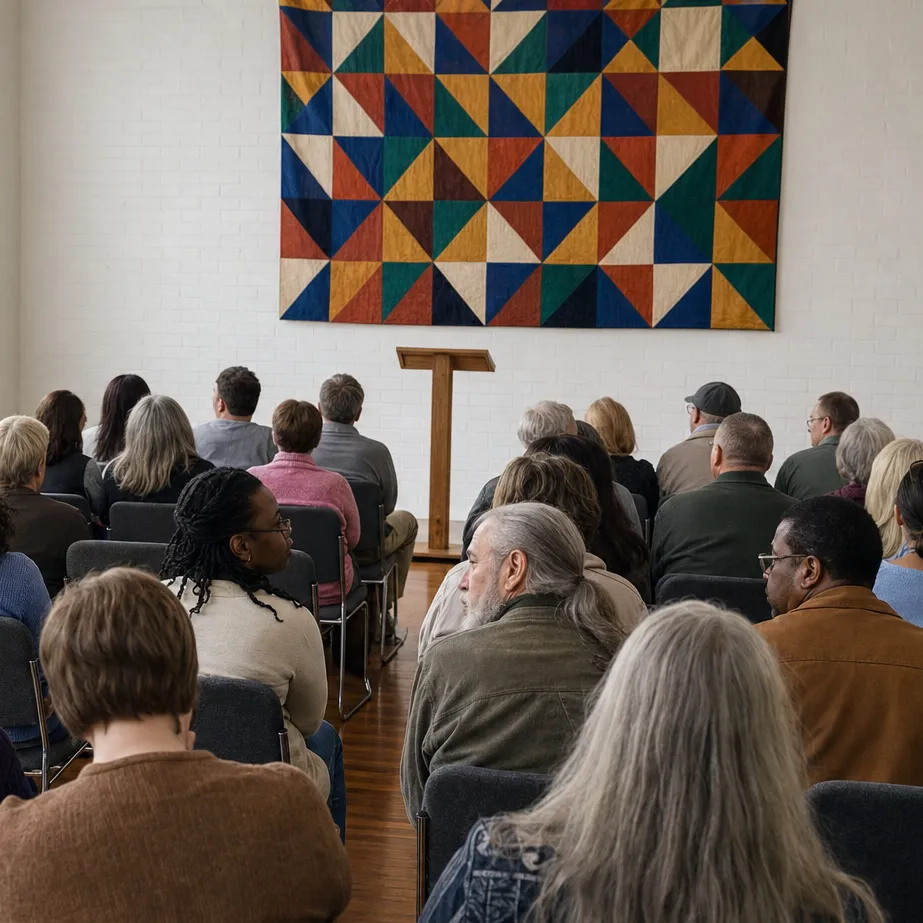 Rows of people seen from behind face an empty wooden lectern below a bright pieced quilt on the wall.