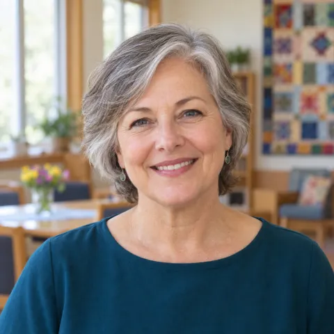 Rev. Nora Whitlock smiling, with a hand-made quilt on the wall behind her.