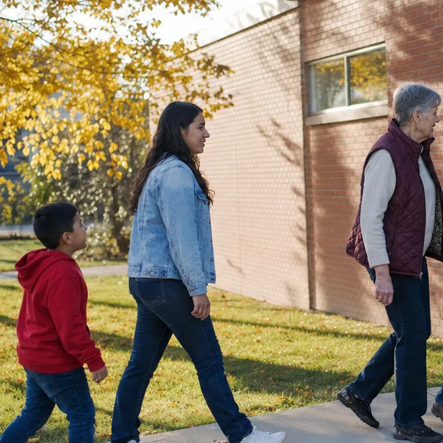 A young woman and a boy walk across the grass toward a brick building under an autumn tree.