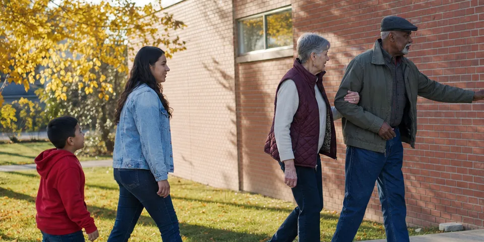 A young woman, a boy and an older couple walk beside a brick building on an autumn morning.
