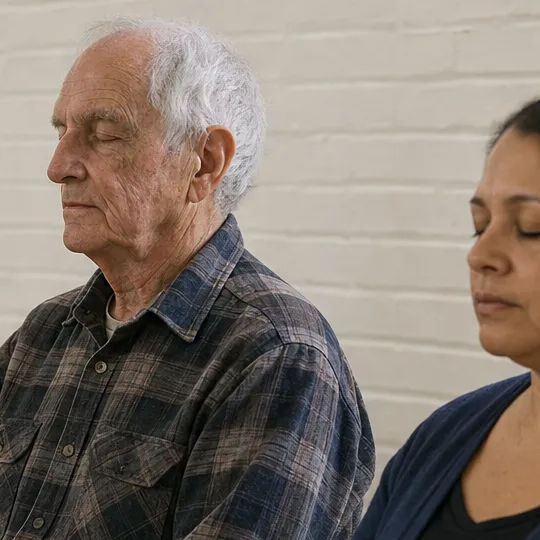An older man sits with his eyes closed.