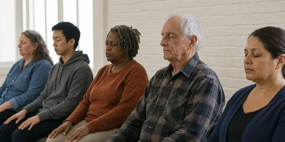 Adults of different ages sit side by side in chairs with their eyes closed.